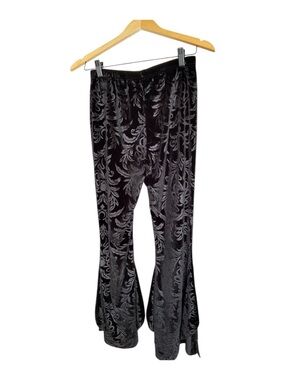 Goth Velvet Burnout Flare Pants Lace Panels Witchy Boho Black M